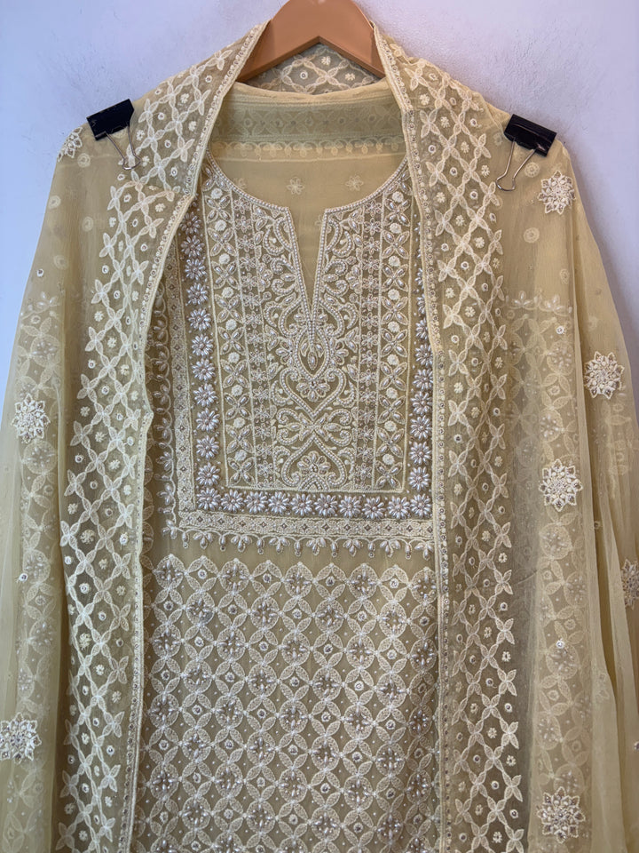 Yellow Lucknowi Georgette Unstitched Suit Set with Pearl Work