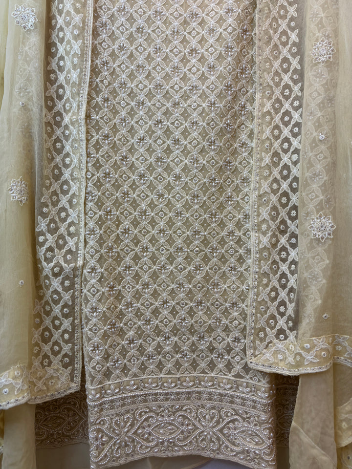 Yellow Lucknowi Georgette Unstitched Suit Set with Pearl Work
