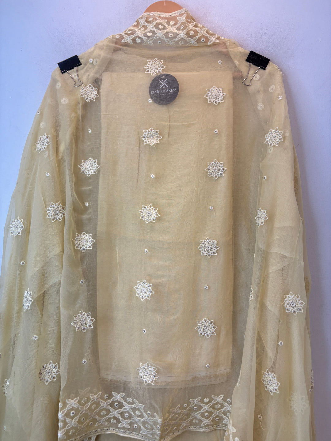 Yellow Lucknowi Georgette Unstitched Suit Set with Pearl Work