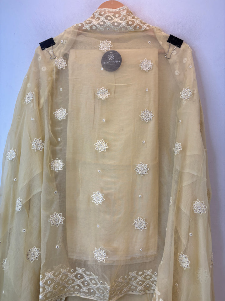 Yellow Lucknowi Georgette Unstitched Suit Set with Pearl Work