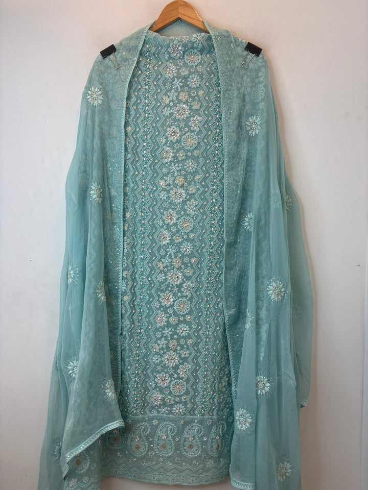 Blue Georgette Unstitched Suit Set with 3D Floral &amp; Zari Embroidery