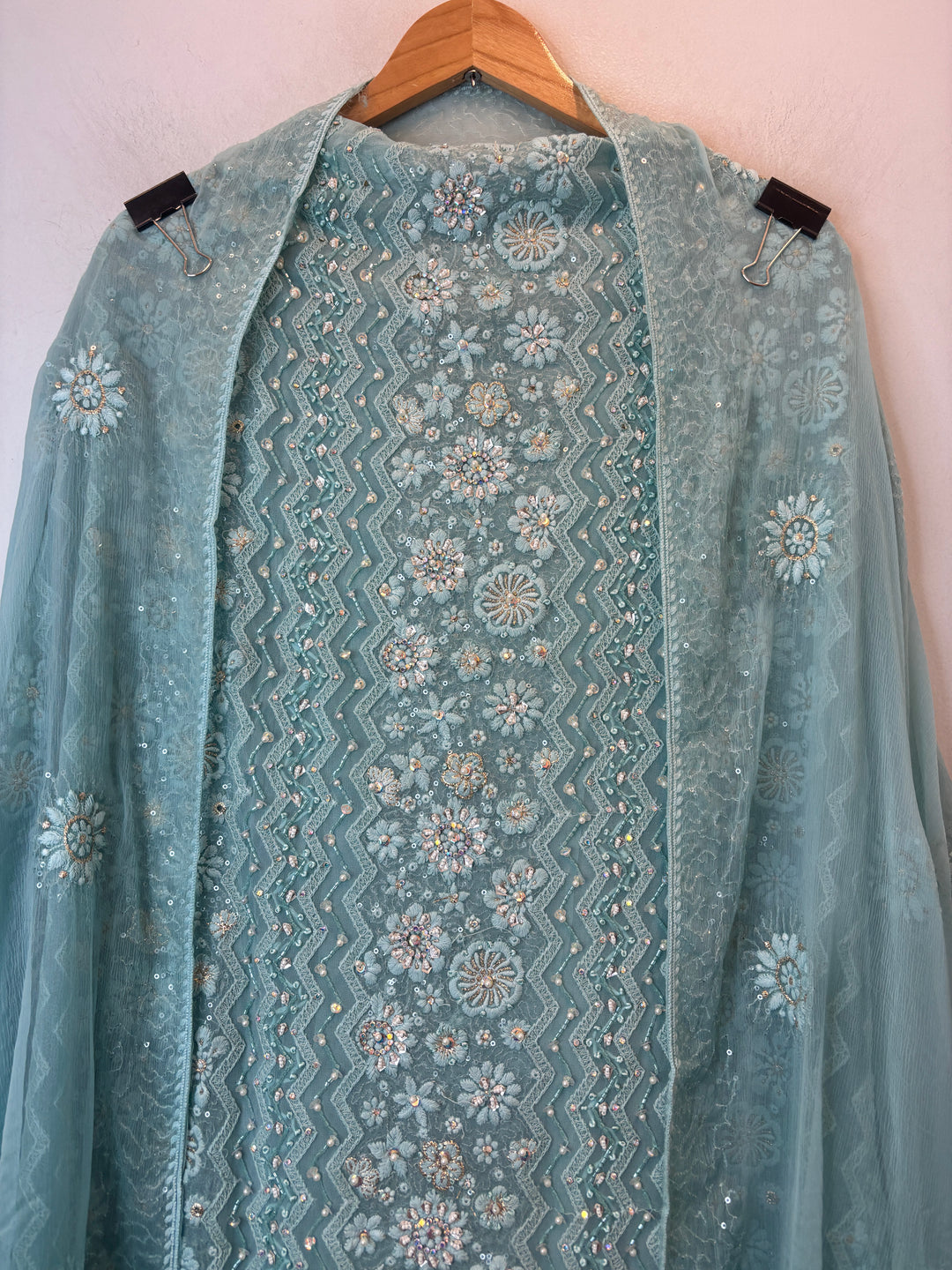 Blue Georgette Unstitched Suit Set with 3D Floral &amp; Zari Embroidery