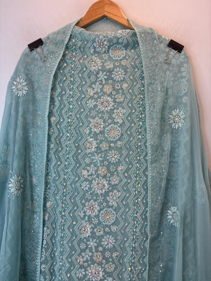 Blue Georgette Unstitched Suit Set with 3D Floral &amp; Zari Embroidery