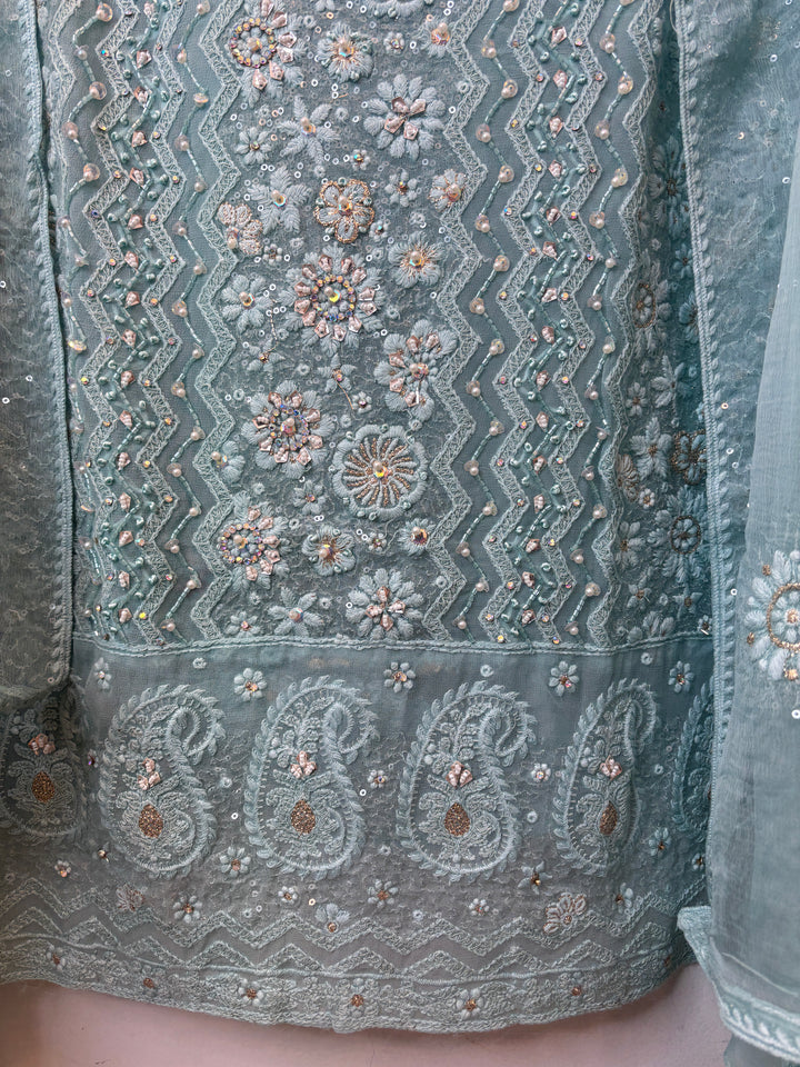 Blue Georgette Unstitched Suit Set with 3D Floral &amp; Zari Embroidery