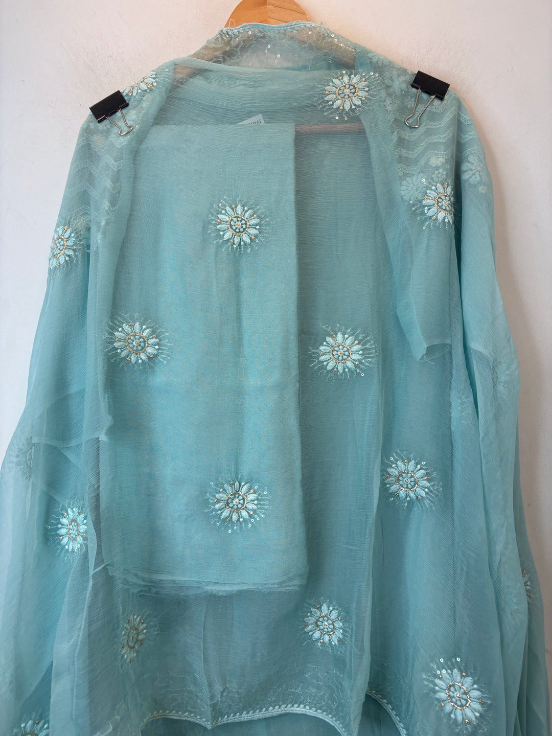 Blue Georgette Unstitched Suit Set with 3D Floral &amp; Zari Embroidery