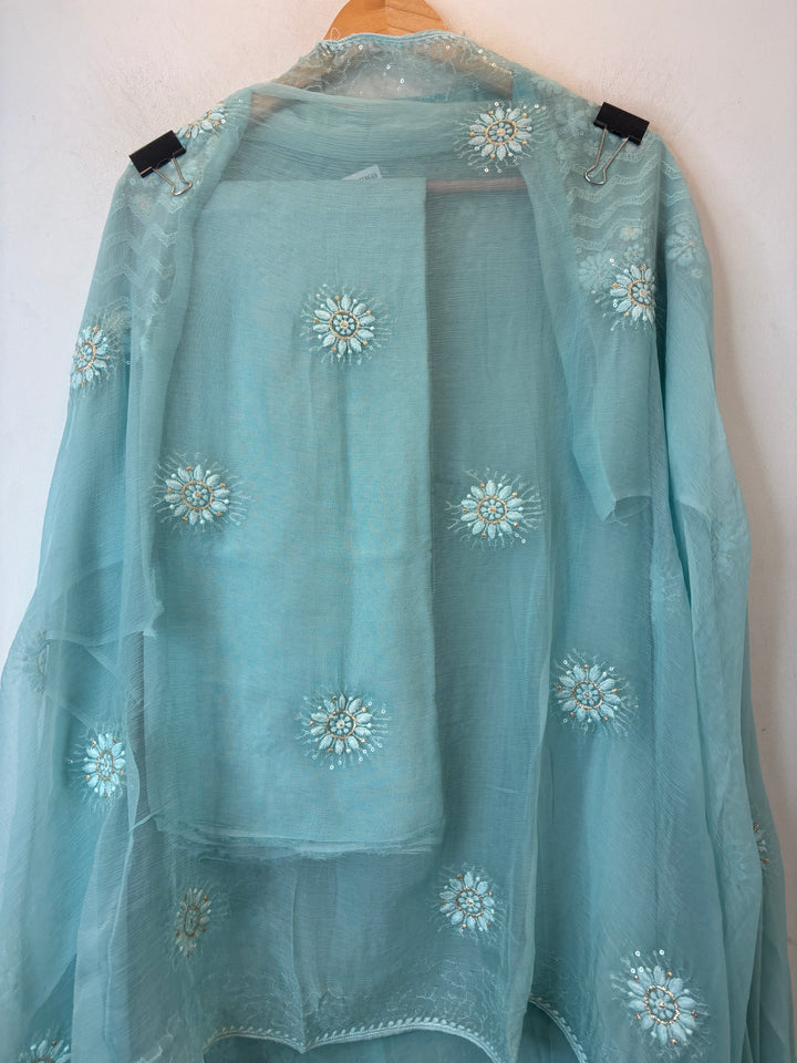 Blue Georgette Unstitched Suit Set with 3D Floral &amp; Zari Embroidery