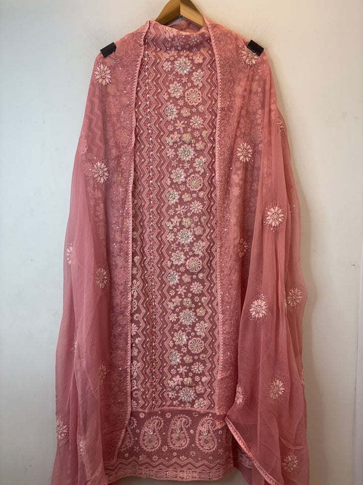 Peach Georgette Unstitched Suit Set with 3D Floral &amp; Zari Embroidery
