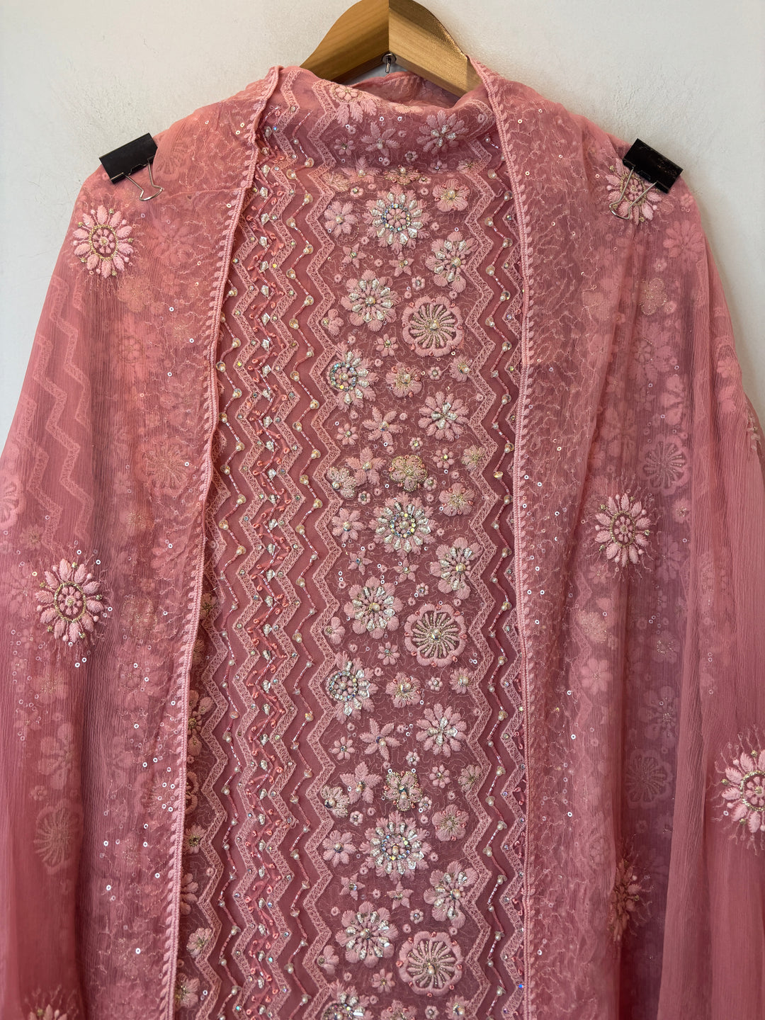 Peach Georgette Unstitched Suit Set with 3D Floral &amp; Zari Embroidery