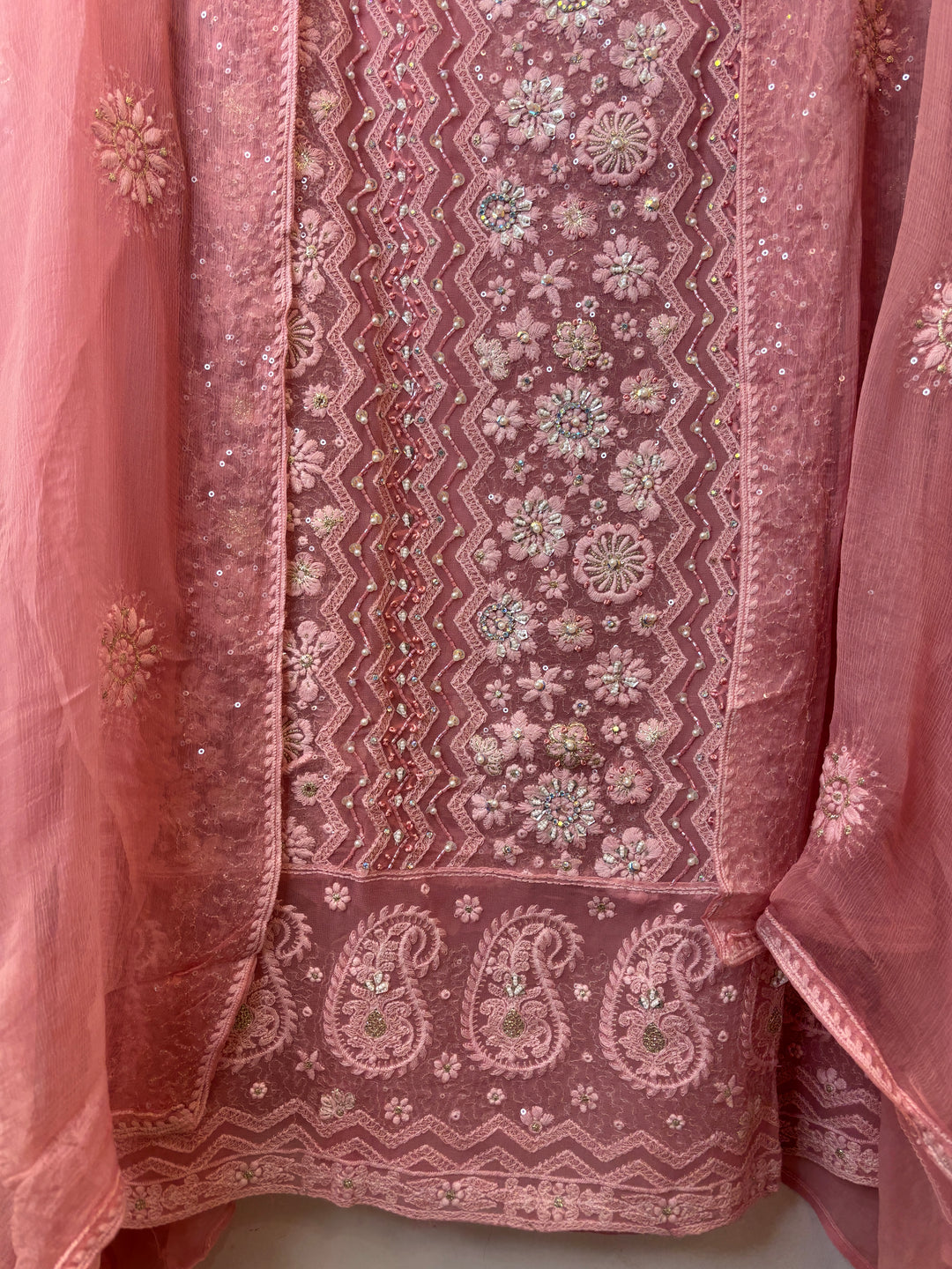 Peach Georgette Unstitched Suit Set with 3D Floral &amp; Zari Embroidery