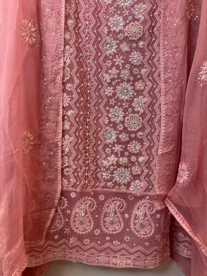 Peach Georgette Unstitched Suit Set with 3D Floral &amp; Zari Embroidery