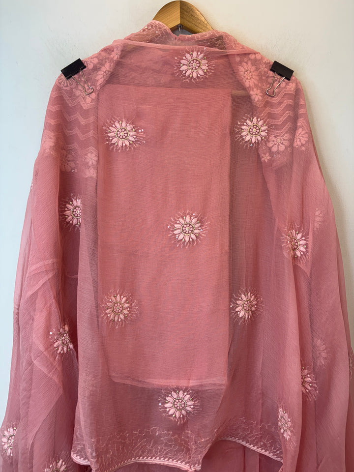 Peach Georgette Unstitched Suit Set with 3D Floral &amp; Zari Embroidery