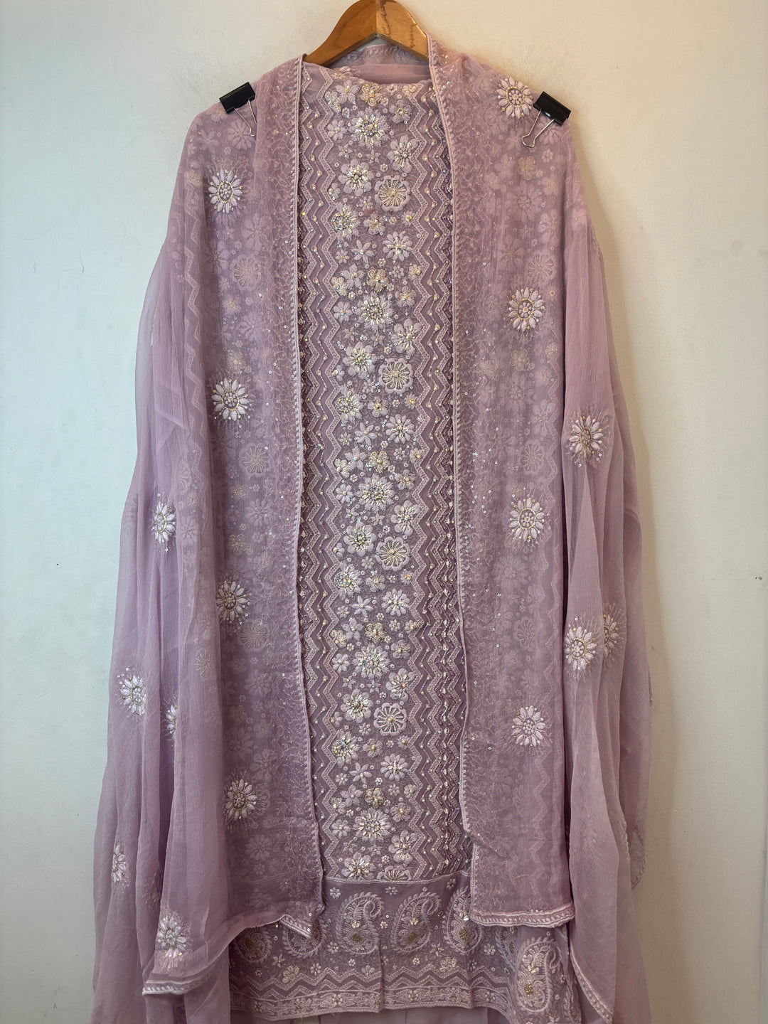 Dusty Lilac Georgette Unstitched Suit Set with 3D Floral &amp; Zari Embroidery