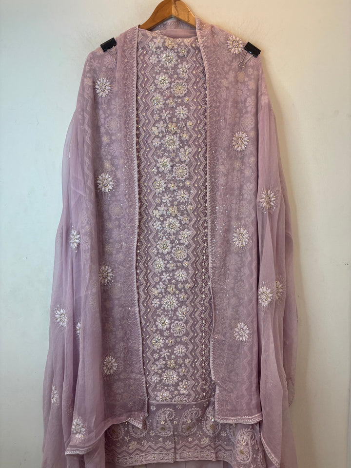 Dusty Lilac Georgette Unstitched Suit Set with 3D Floral &amp; Zari Embroidery