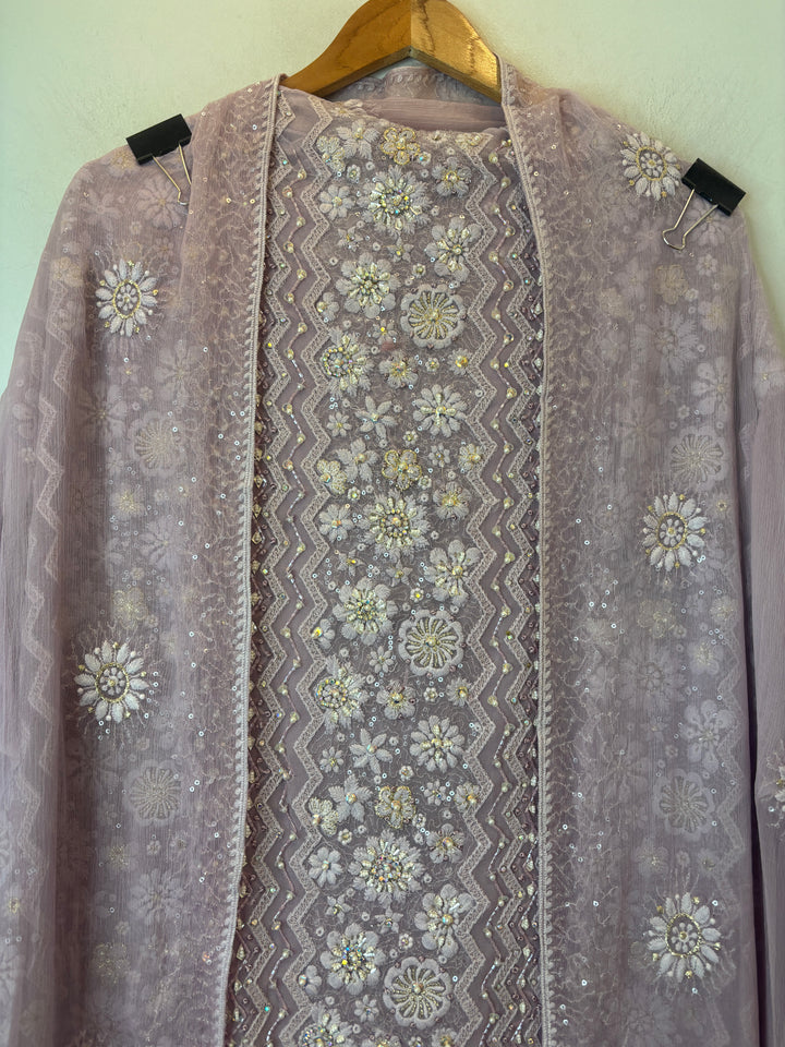 Dusty Lilac Georgette Unstitched Suit Set with 3D Floral &amp; Zari Embroidery
