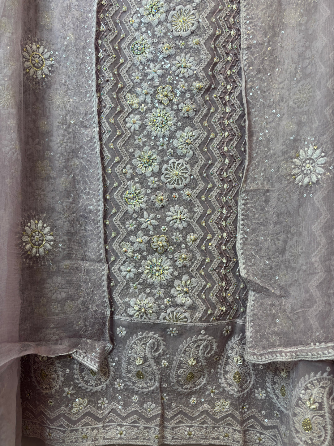 Dusty Lilac Georgette Unstitched Suit Set with 3D Floral &amp; Zari Embroidery