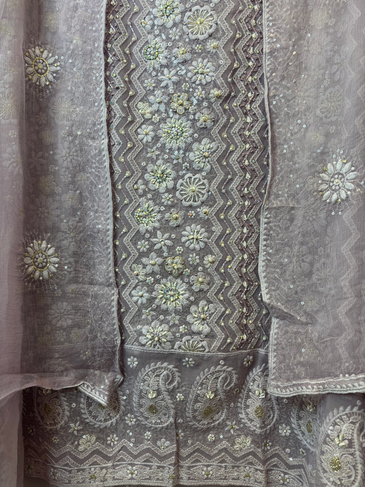 Dusty Lilac Georgette Unstitched Suit Set with 3D Floral &amp; Zari Embroidery