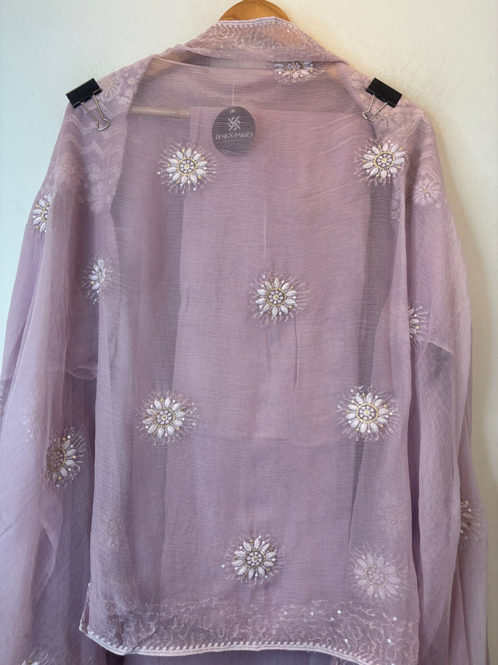 Dusty Lilac Georgette Unstitched Suit Set with 3D Floral &amp; Zari Embroidery
