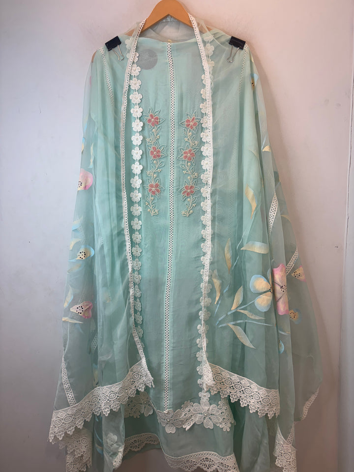 Mint Green Organza Unstitched Suit Set with Floral Crochet &amp; Brush Print Dupatta