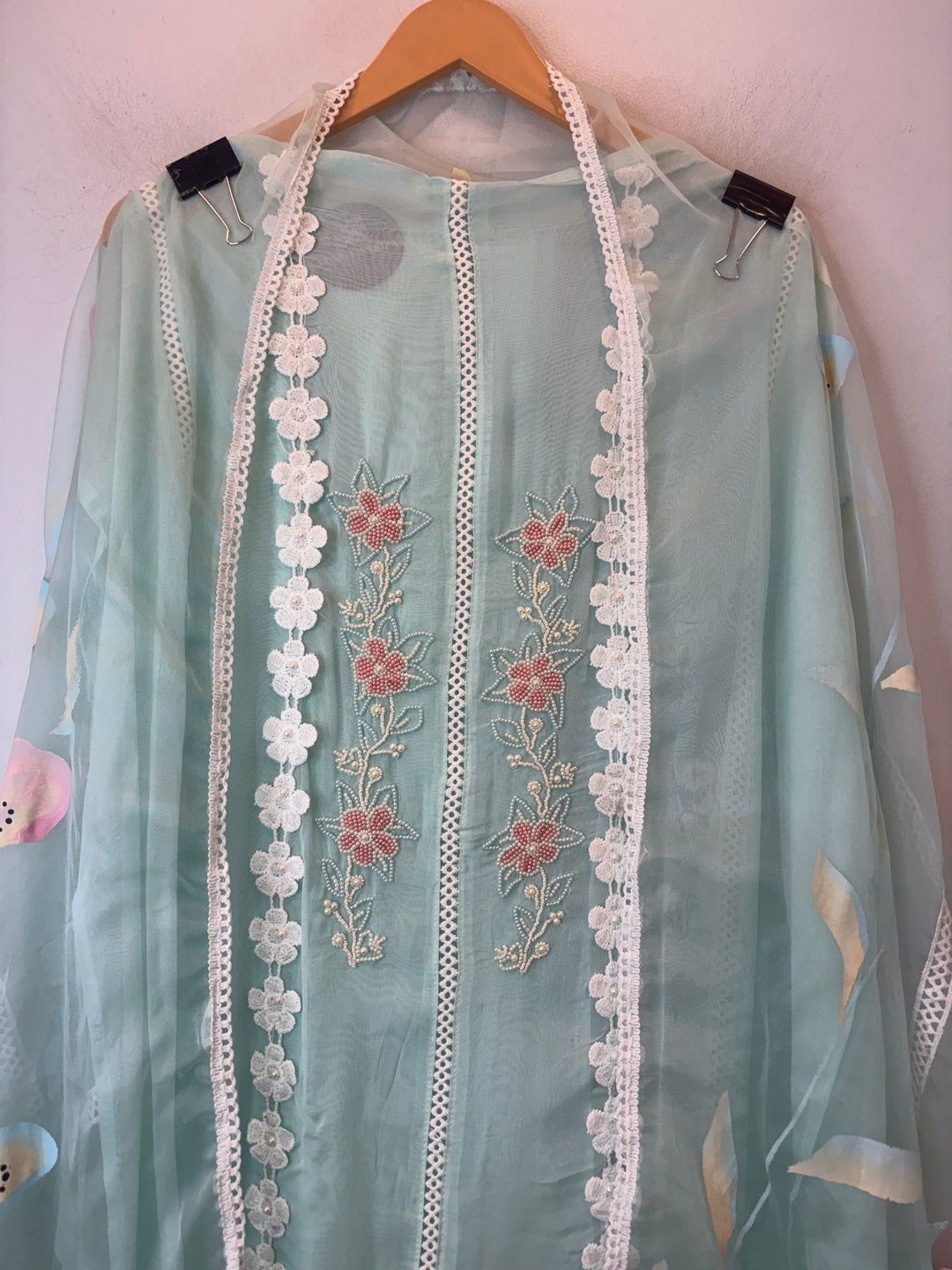 Mint Green Organza Unstitched Suit Set with Floral Crochet &amp; Brush Print Dupatta