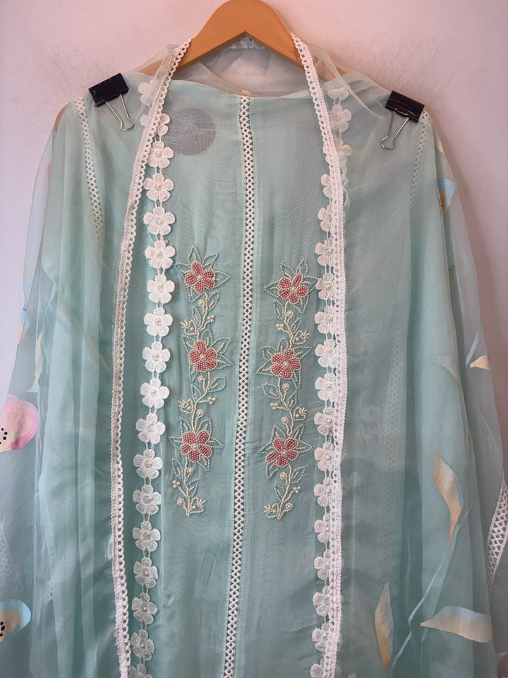 Mint Green Organza Unstitched Suit Set with Floral Crochet &amp; Brush Print Dupatta