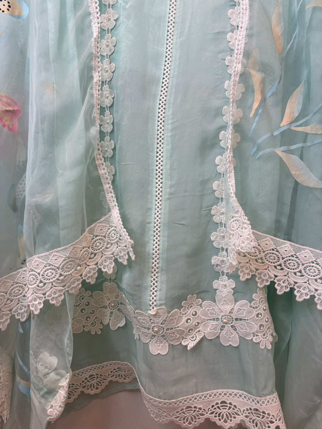 Mint Green Organza Unstitched Suit Set with Floral Crochet &amp; Brush Print Dupatta
