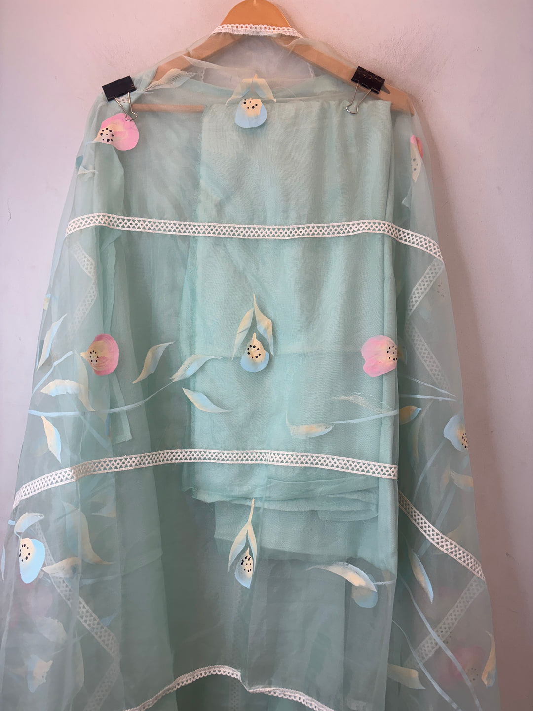 Mint Green Organza Unstitched Suit Set with Floral Crochet &amp; Brush Print Dupatta