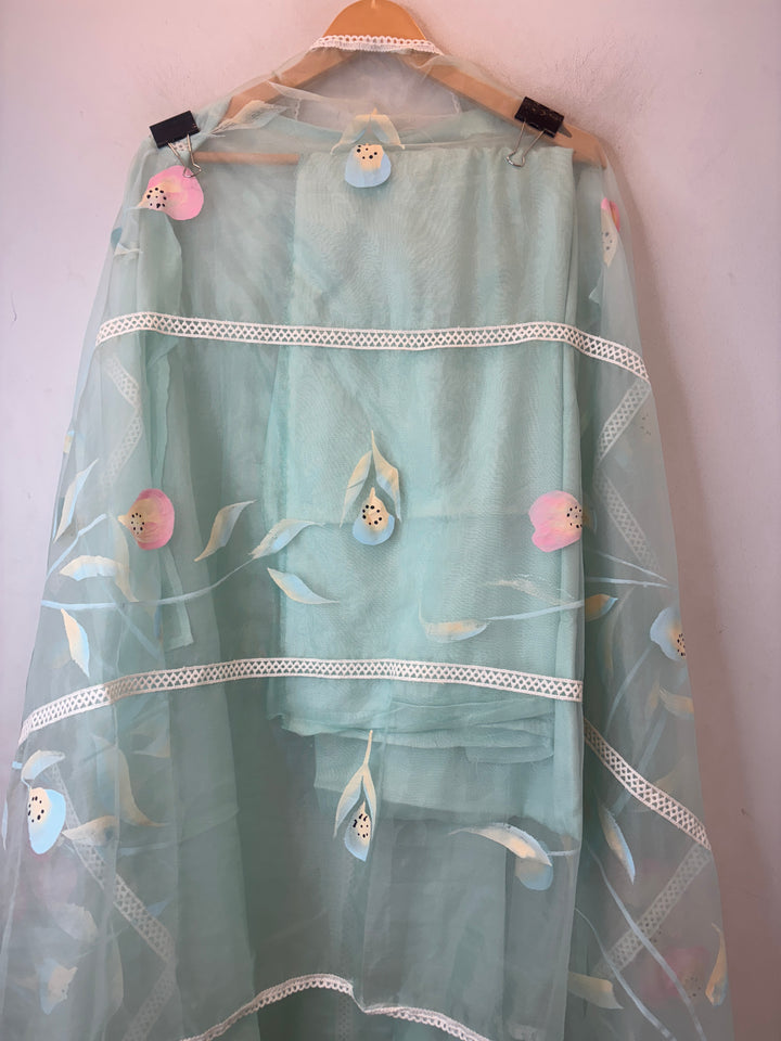 Mint Green Organza Unstitched Suit Set with Floral Crochet &amp; Brush Print Dupatta