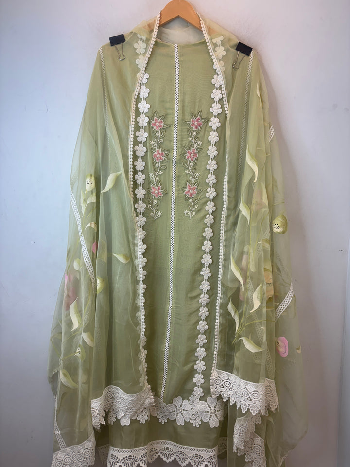 Green Organza Unstitched Suit Set with Floral Crochet &amp; Brush Print Dupatta