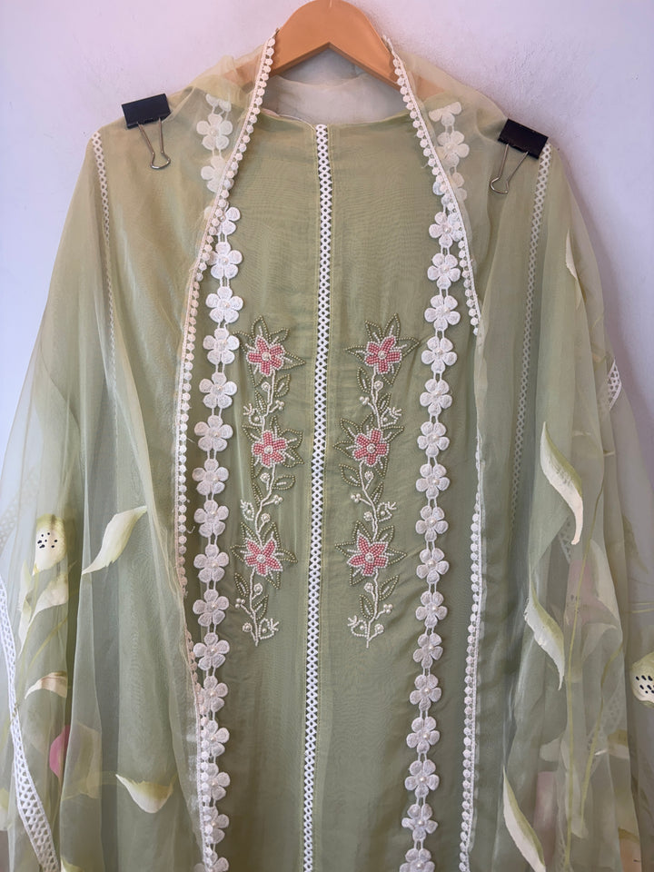 Green Organza Unstitched Suit Set with Floral Crochet &amp; Brush Print Dupatta