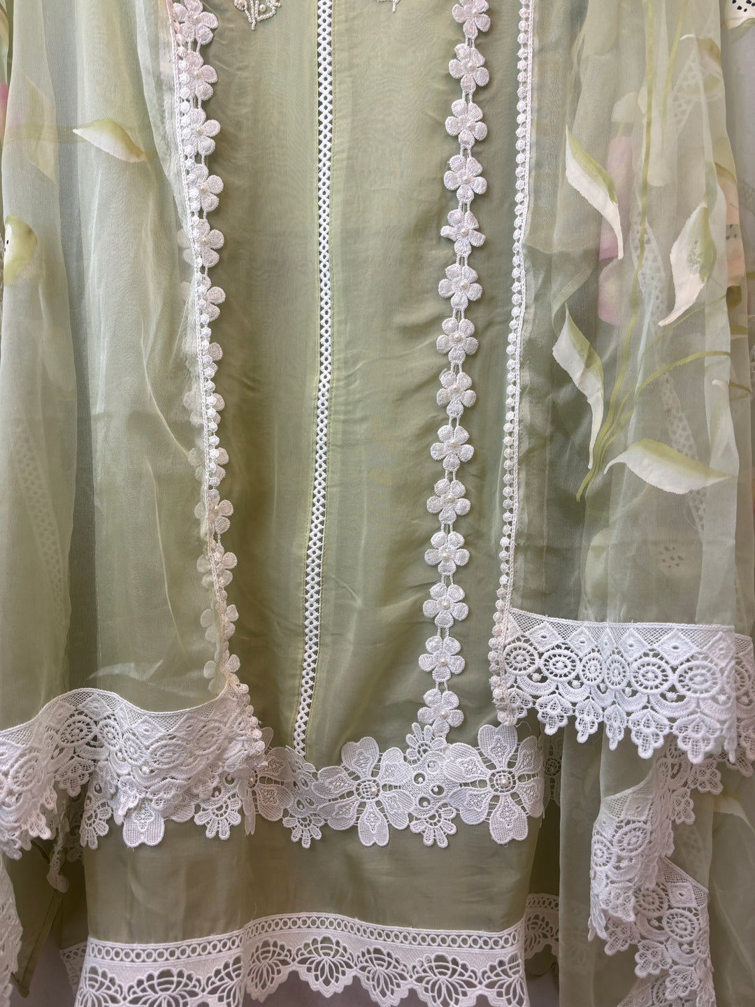 Green Organza Unstitched Suit Set with Floral Crochet &amp; Brush Print Dupatta