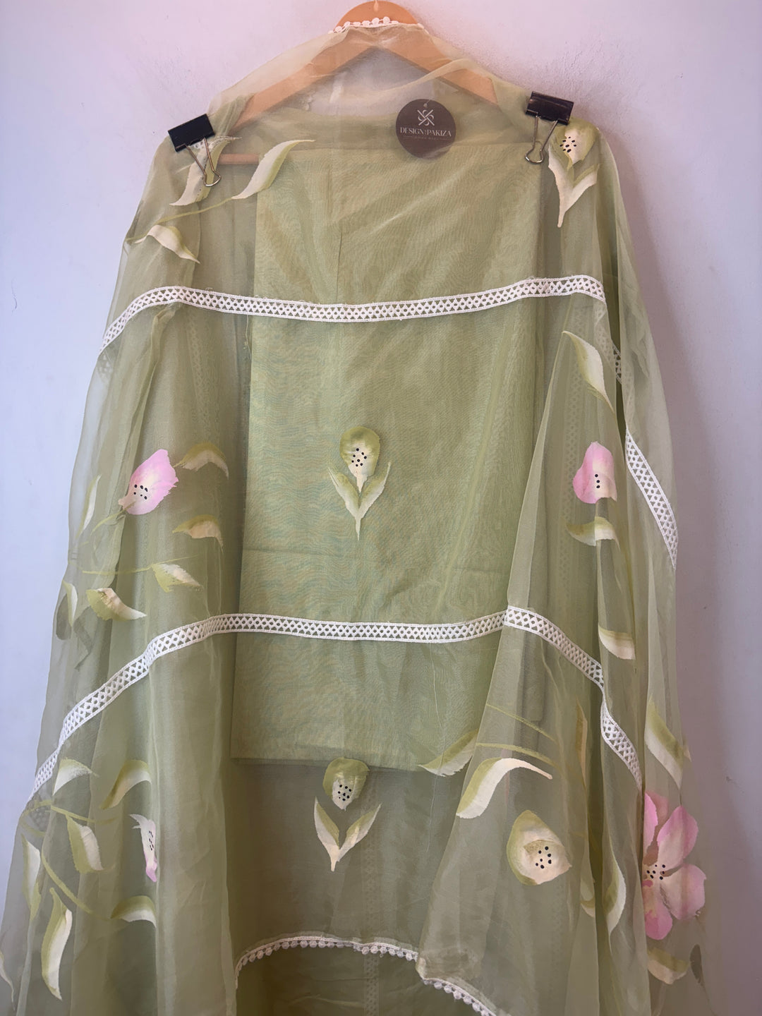 Green Organza Unstitched Suit Set with Floral Crochet &amp; Brush Print Dupatta