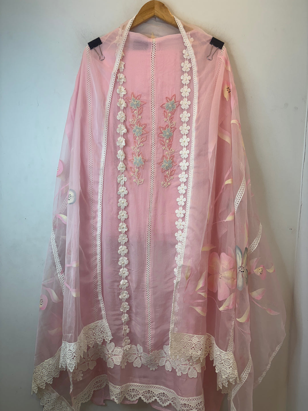 Pink Organza Unstitched Suit Set with Floral Crochet &amp; Brush Print Dupatta