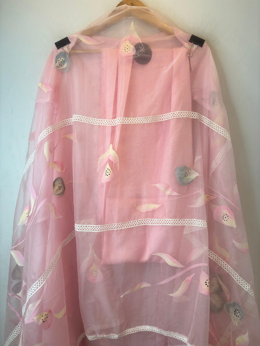 Pink Organza Unstitched Suit Set with Floral Crochet &amp; Brush Print Dupatta
