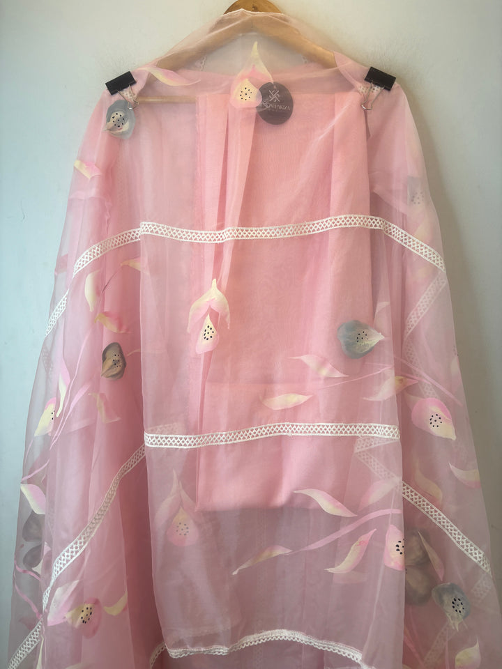 Pink Organza Unstitched Suit Set with Floral Crochet &amp; Brush Print Dupatta