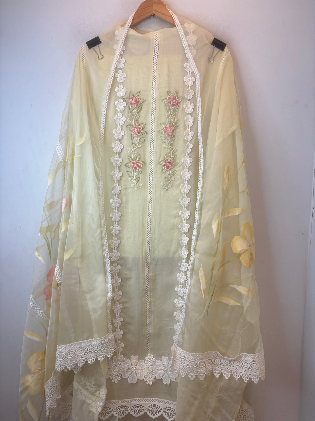 Pale Yellow Organza Unstitched Suit Set with Floral Crochet &amp; Brush Print Dupatta