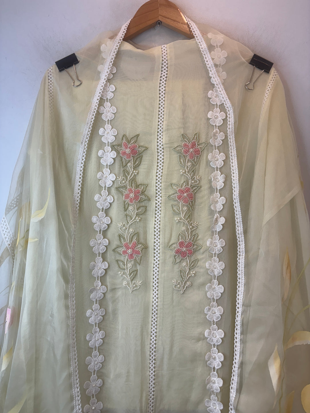 Pale Yellow Organza Unstitched Suit Set with Floral Crochet &amp; Brush Print Dupatta