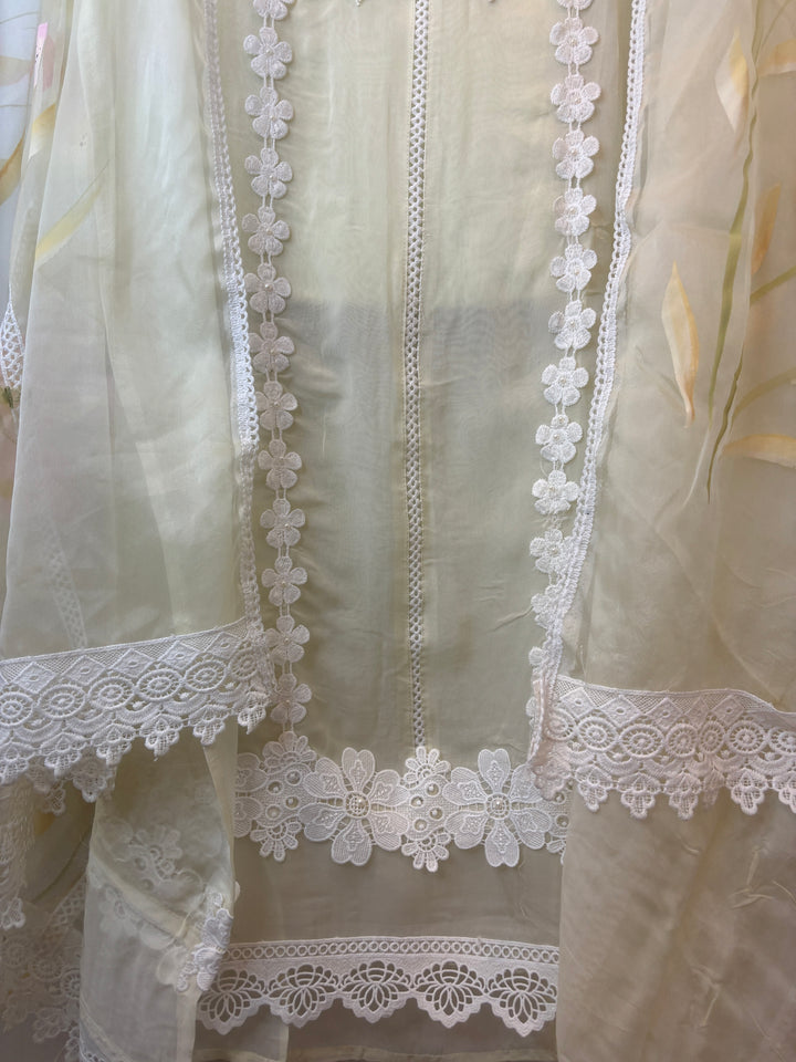 Pale Yellow Organza Unstitched Suit Set with Floral Crochet &amp; Brush Print Dupatta