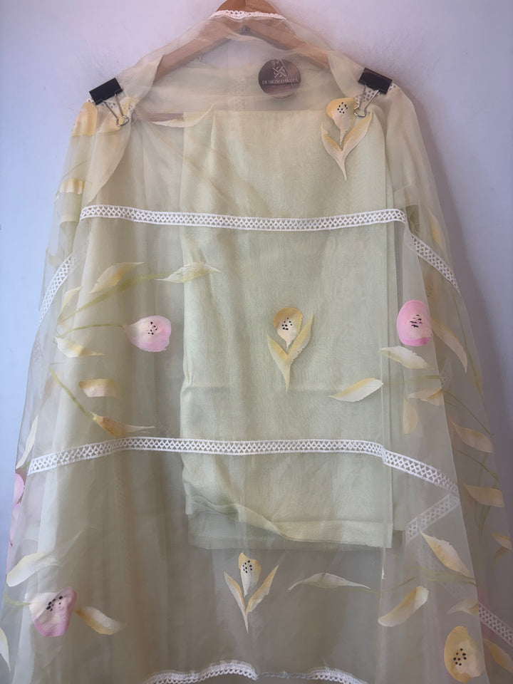Pale Yellow Organza Unstitched Suit Set with Floral Crochet &amp; Brush Print Dupatta