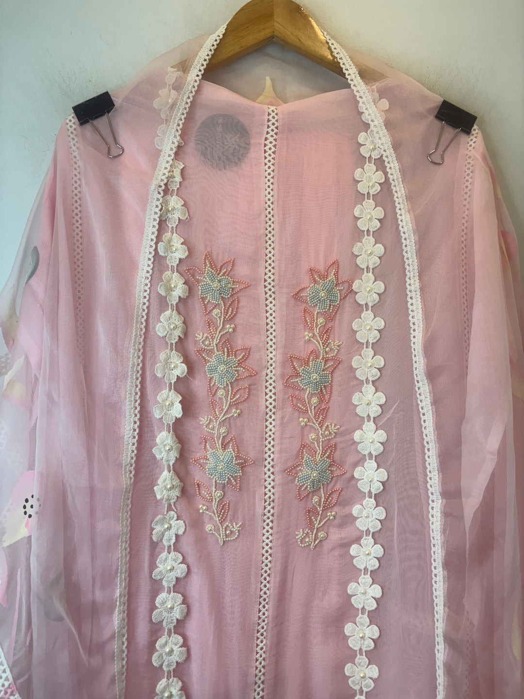 Pink Organza Unstitched Suit Set with Floral Crochet &amp; Brush Print Dupatta