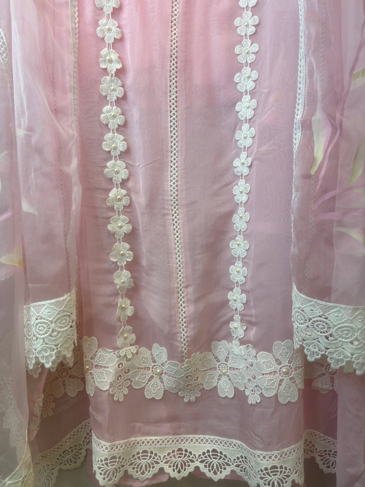 Pink Organza Unstitched Suit Set with Floral Crochet &amp; Brush Print Dupatta
