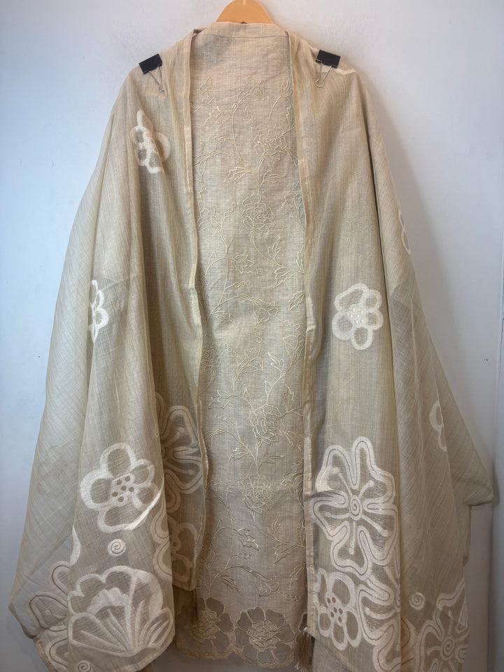Linen Unstitched Suit Set with Embroidery &amp; Zari Woven Dupatta