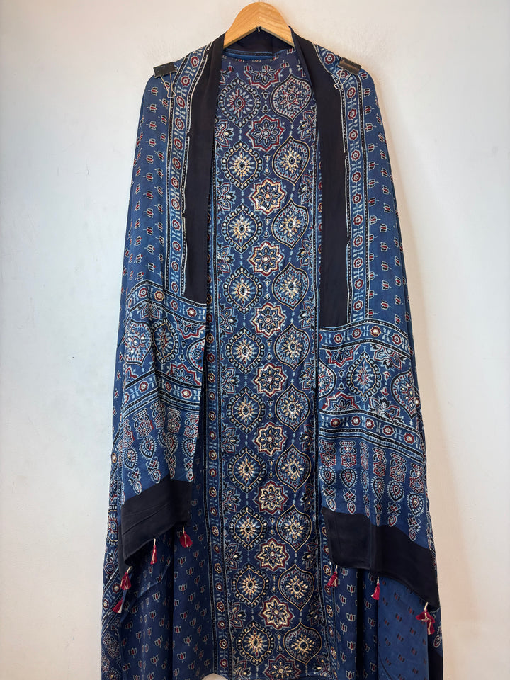 Blue Ajrakh Modal Mirror Work Suit Set AJ2