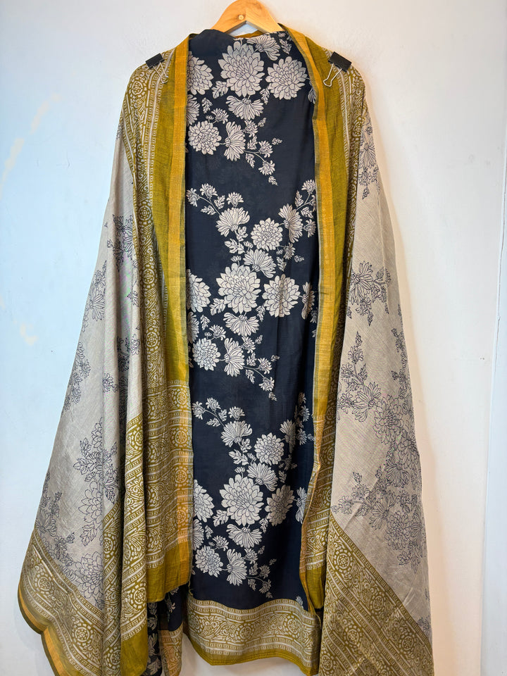 Mustard Yellow Maheshwari Printed Unstitched Suit Set DBP002
