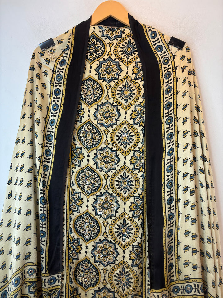 Beige with Black Ajrakh Modal Mirror Work Suit Set AJ3