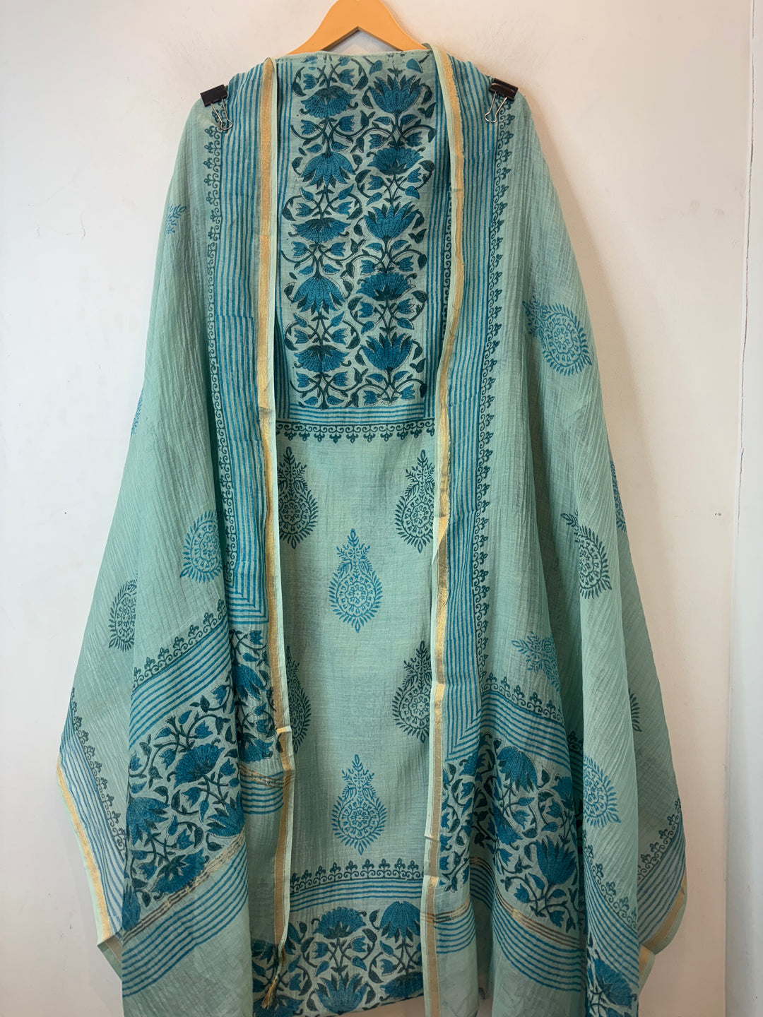 Sea Green with Teal Blue Prints Mul Chanderi Hand Block Printed Suit Set
