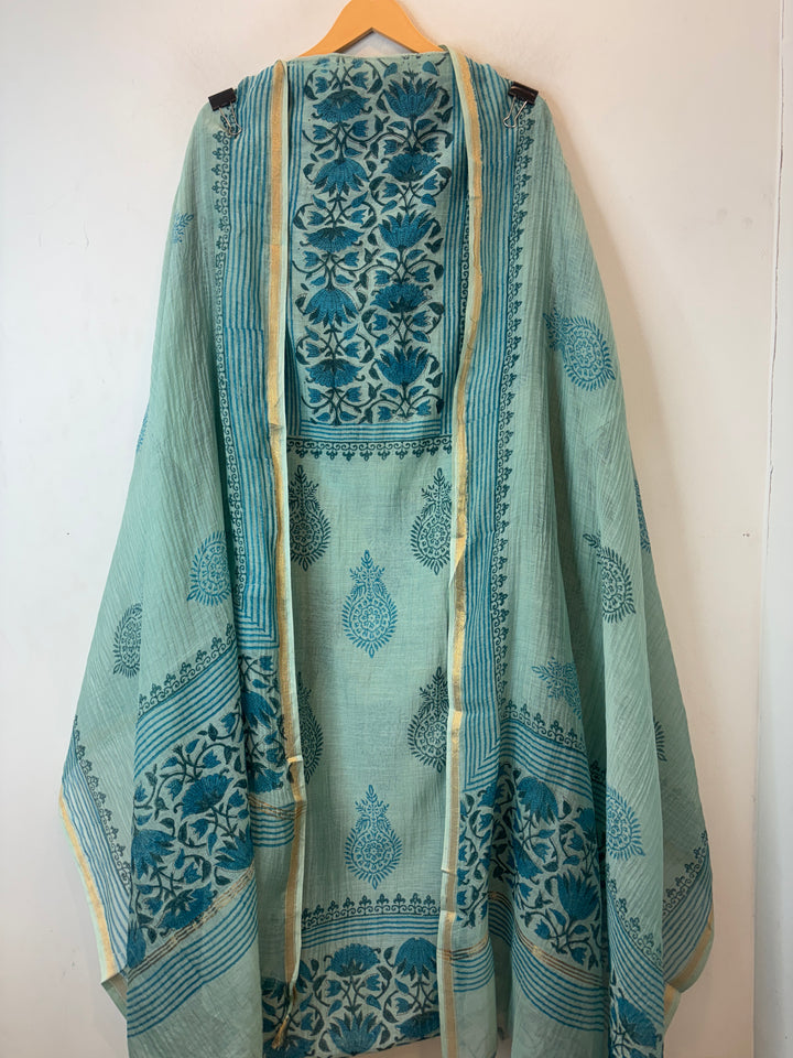 Sea Green with Teal Blue Prints Mul Chanderi Hand Block Printed Suit Set