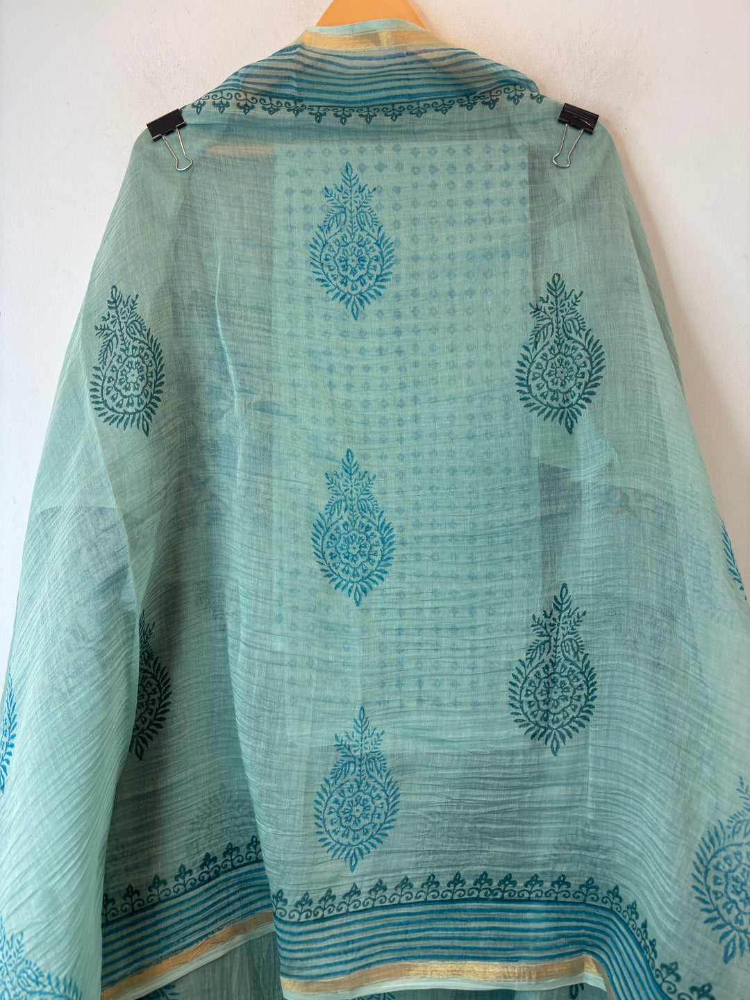 Sea Green with Teal Blue Prints Mul Chanderi Hand Block Printed Suit Set
