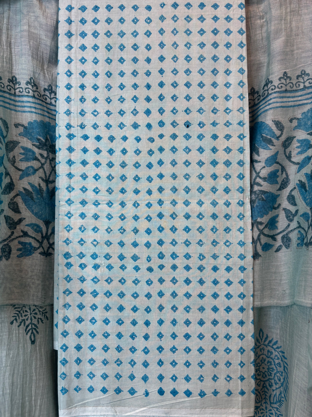 Sea Green with Teal Blue Prints Mul Chanderi Hand Block Printed Suit Set
