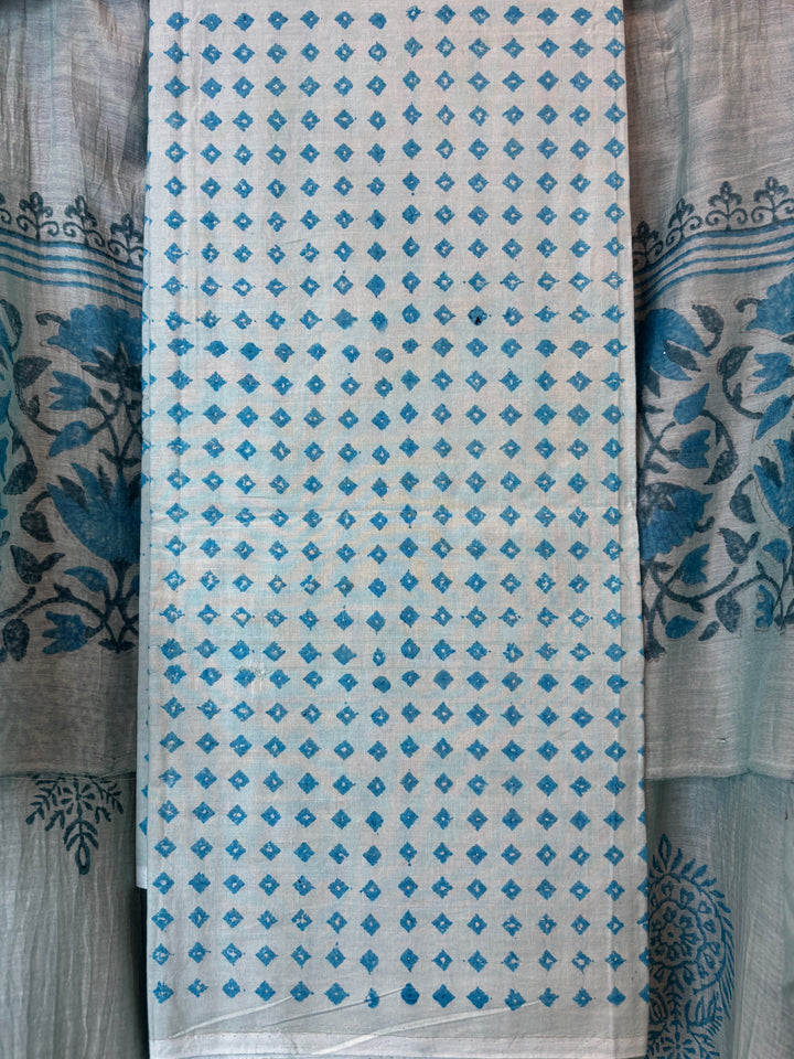 Sea Green with Teal Blue Prints Mul Chanderi Hand Block Printed Suit Set