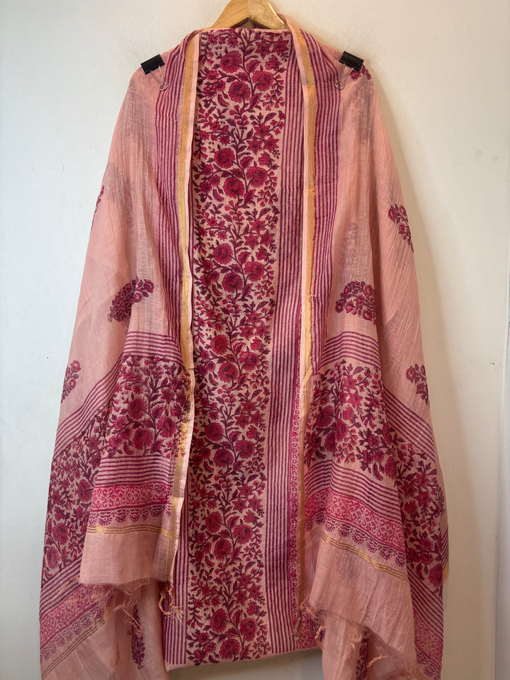 Peach Magenta Mul Chanderi Hand Block Printed Suit Set